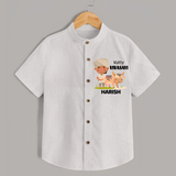 "Happy Mattu Pongal - Little Farmer Themed Customized Shirt for Boys with Name" - WHITE - 0 - 6 Months Old (Chest 23")