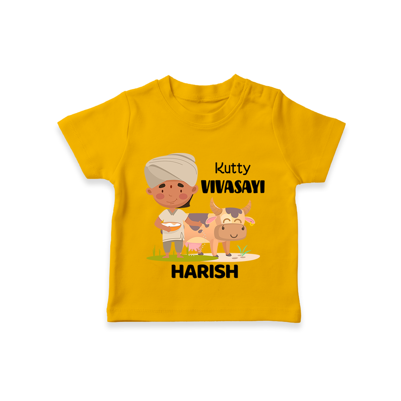 "Happy Mattu Pongal - Little Farmer-Themed Customized T-shirt for Kids with Name" - CHROME YELLOW - 0-5 Months Old (Chest 17")