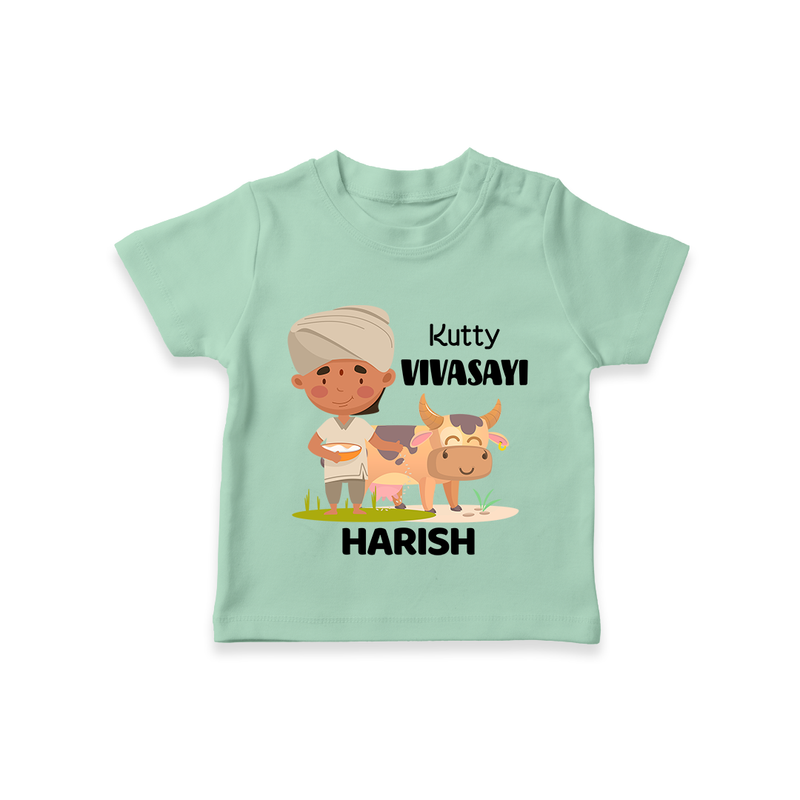 "Happy Mattu Pongal - Little Farmer-Themed Customized T-shirt for Kids with Name" - MINT GREEN - 0-5 Months Old (Chest 17")