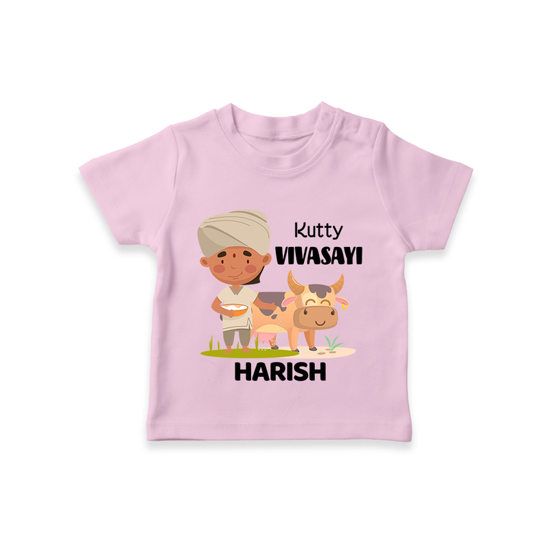 "Happy Mattu Pongal - Little Farmer-Themed Customized T-shirt for Kids with Name" - PINK - 0-5 Months Old (Chest 17")