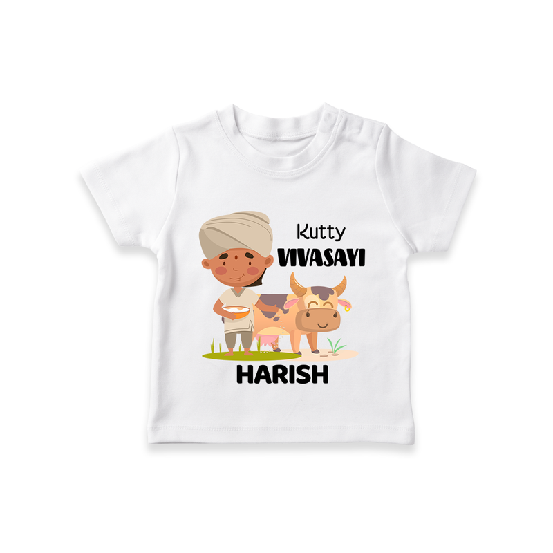 "Happy Mattu Pongal - Little Farmer-Themed Customized T-shirt for Kids with Name" - WHITE - 0-5 Months Old (Chest 17")