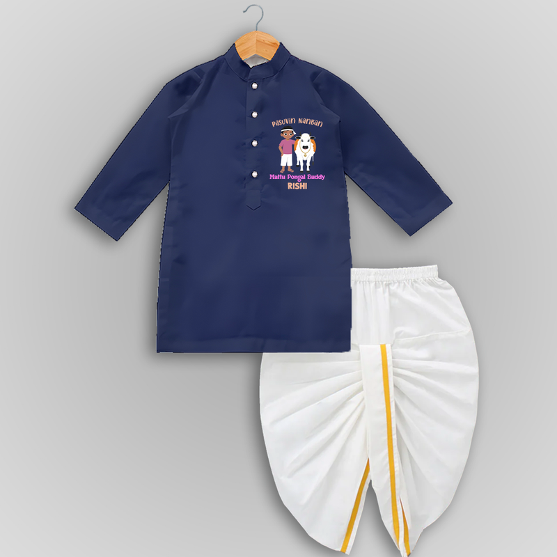 "Pasuvin Nanban - Sweet and Festive Customized Dropped Dhoti for Boys with Name for Mattu Pongal" - NAVY BLUE - 0 - 6 Month Old (Chest 24", Kurta Length 14" , Waist 19", Dhoti Length 14")