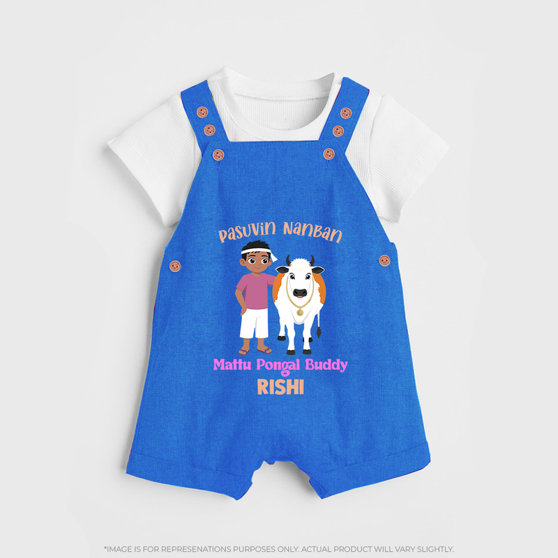 "Pasuvin Nanban - Sweet & Festive Customized Dungaree Set for Kids with Name for Mattu Pongal" - COBALT BLUE - 0 - 5 Months Old (Chest 18")