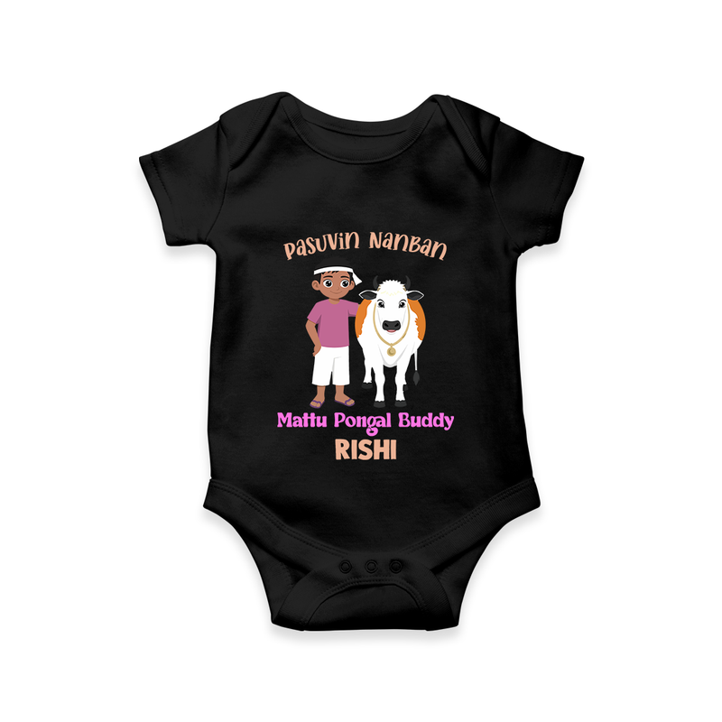 "Pasuvin Nanban - Sweet & Festive Customized Romper for Babies with Name for Mattu Pongal" - BLACK - 0 - 3 Months Old (Chest 16")