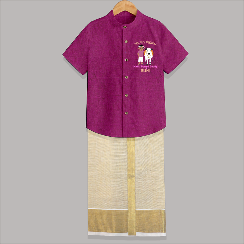 "Pasuvin Nanban - Sweet and Festive Customized Shirt and Dhoti for Boys with Name for Mattu Pongal" - MAGENTA - 0 - 6 Months Old (Chest-23") (Dhoti length-14")