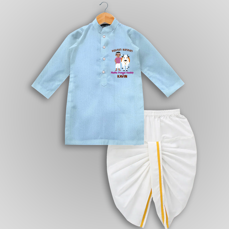 "Pasuvin Nanban - Sweet and Festive Customized Dropped Dhoti for Boys with Name for Mattu Pongal" - SKY BLUE - 0 - 6 Month Old (Chest 24", Kurta Length 14" , Waist 19", Dhoti Length 14")