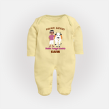 "Pasuvin Nanban - Sweet & Festive Customized Sleep Suit for Babies with Name for Mattu Pongal" - PASTEL YELLOW - New Born (Chest 7.5")