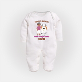 "Pasuvin Nanban - Sweet & Festive Customized Sleep Suit for Babies with Name for Mattu Pongal" - WHITE - New Born (Chest 7.5")