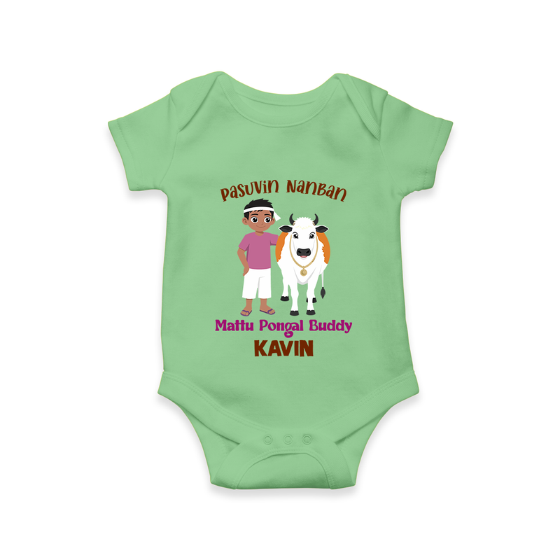 "Pasuvin Nanban - Sweet & Festive Customized Romper for Babies with Name for Mattu Pongal" - GREEN - 0 - 3 Months Old (Chest 16")