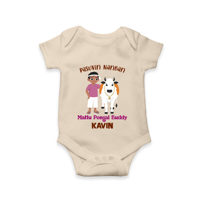 "Pasuvin Nanban - Sweet & Festive Customized Romper for Babies with Name for Mattu Pongal" - IVORY - 0 - 3 Months Old (Chest 16")