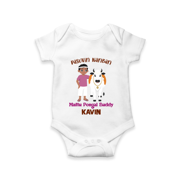 "Pasuvin Nanban - Sweet & Festive Customized Romper for Babies with Name for Mattu Pongal" - WHITE - 0 - 3 Months Old (Chest 16")