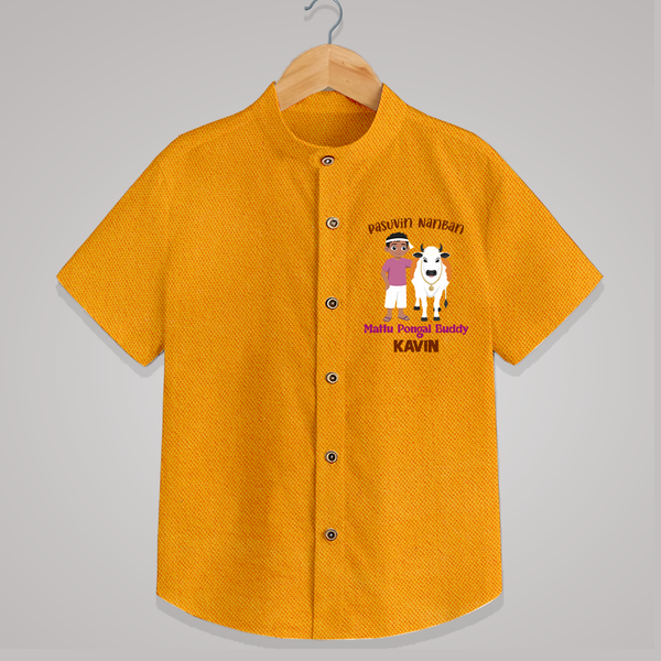 "Pasuvin Nanban - Sweet and Festive Customized Shirt for Boys with Name for Mattu Pongal" - CHROME YELLOW - 0 - 6 Months Old (Chest 23")