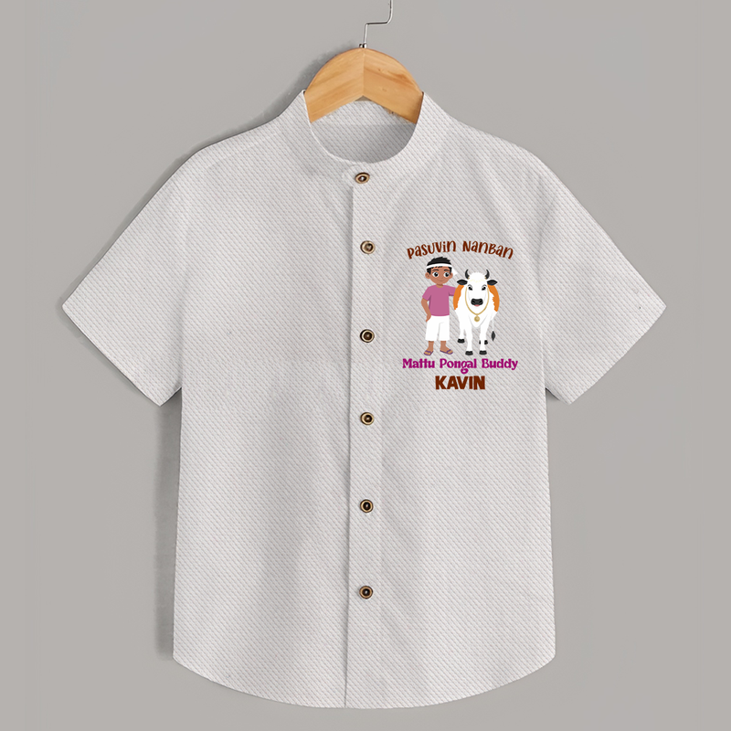 "Pasuvin Nanban - Sweet and Festive Customized Shirt for Boys with Name for Mattu Pongal" - WHITE - 0 - 6 Months Old (Chest 23")