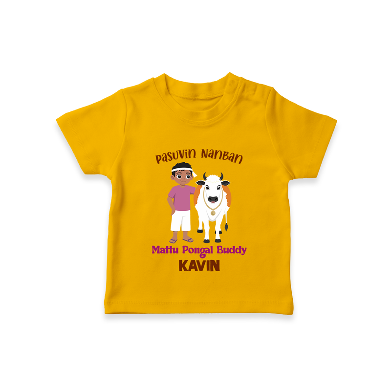 "Pasuvin Nanban - Sweet & Festive Customized T-shirt for Kids with Name for Mattu Pongal" - CHROME YELLOW - 0-5 Months Old (Chest 17")