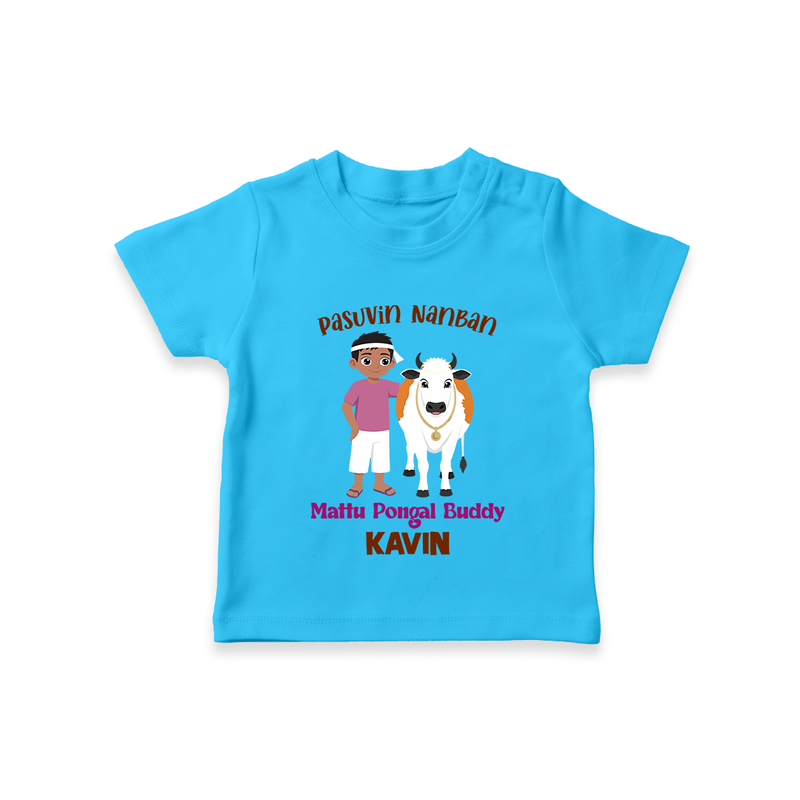 "Pasuvin Nanban - Sweet & Festive Customized T-shirt for Kids with Name for Mattu Pongal" - SKY BLUE - 0-5 Months Old (Chest 17")