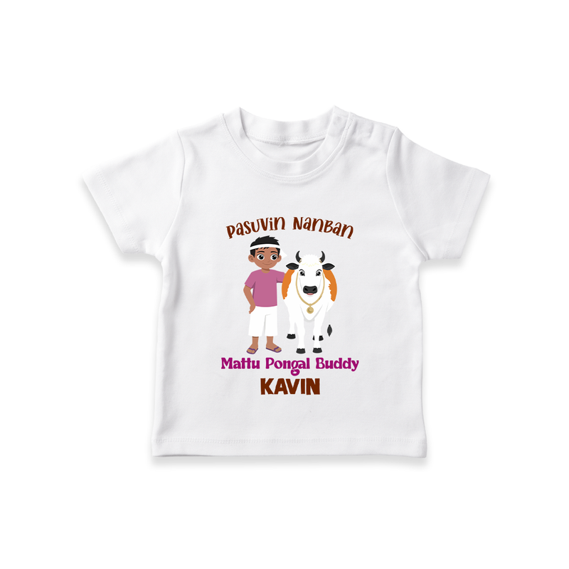 "Pasuvin Nanban - Sweet & Festive Customized T-shirt for Kids with Name for Mattu Pongal" - WHITE - 0-5 Months Old (Chest 17")