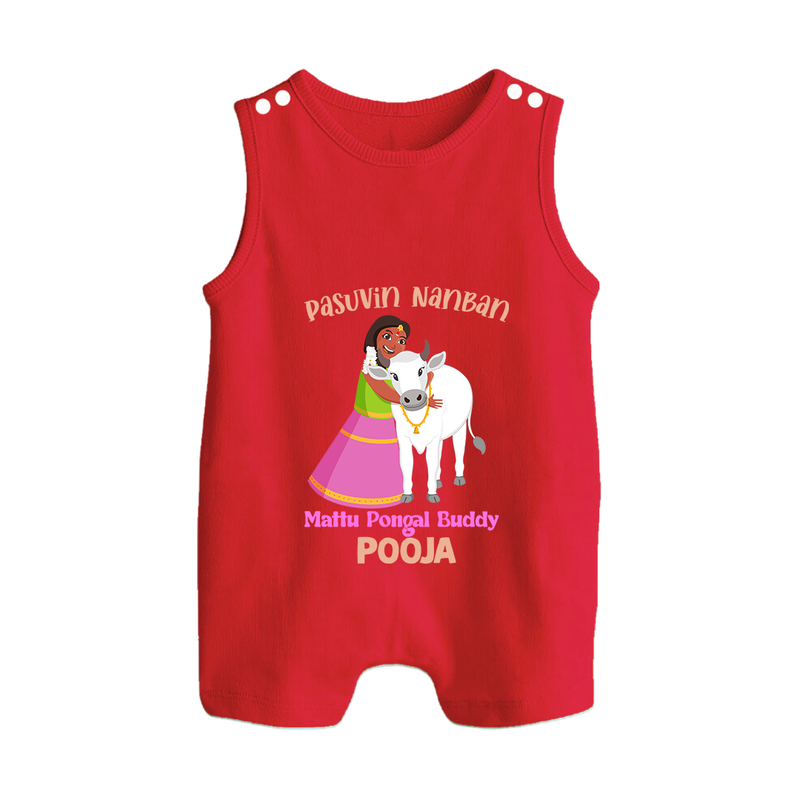 "Pasuvin Nanban - Celebrate the Spirit of Mattu Pongal with Customized Romper Suit for Babies with Name" - RED - 0 - 5 Months Old (Chest 18")