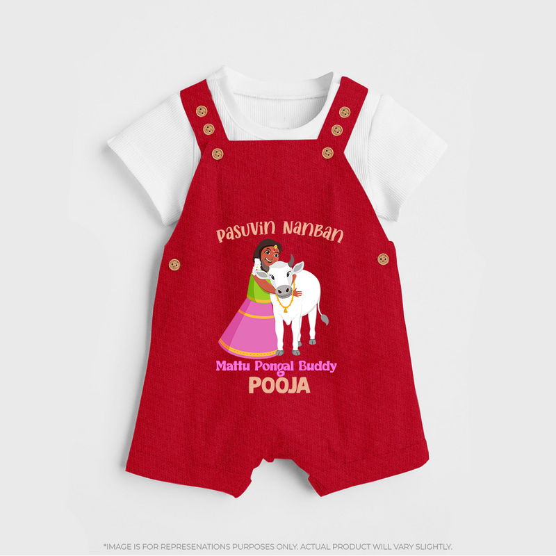 "Pasuvin Nanban - Celebrate the Spirit of Mattu Pongal with Customized Dungaree Set for Kids with Name" - RED - 0 - 5 Months Old (Chest 18")