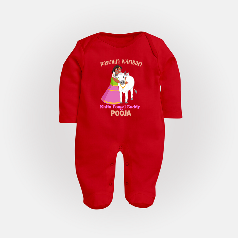 "Pasuvin Nanban - Celebrate the Spirit of Mattu Pongal with Customized Sleep Suit for Babies with Name" - RED - New Born (Chest 7.5")