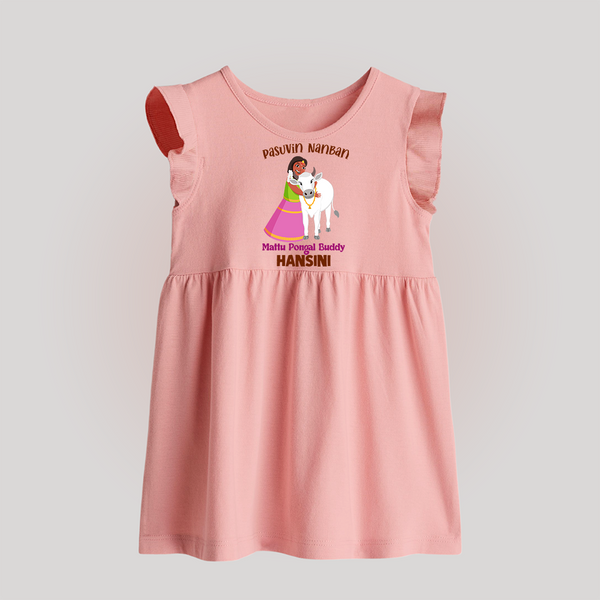 "Pasuvin Nanban - Celebrate the Spirit of Mattu Pongal with Customized Baby Frock for Babies with Name" - BABY PINK - 0 - 3 Months Old (Chest 17")