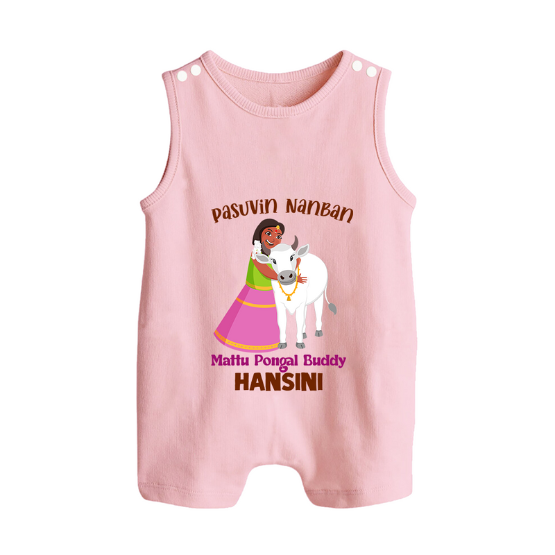 "Pasuvin Nanban - Celebrate the Spirit of Mattu Pongal with Customized Romper Suit for Babies with Name" - BABY PINK - 0 - 5 Months Old (Chest 18")