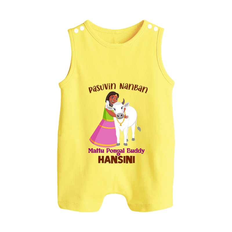 "Pasuvin Nanban - Celebrate the Spirit of Mattu Pongal with Customized Romper Suit for Babies with Name" - PASTEL YELLOW - 0 - 5 Months Old (Chest 18")