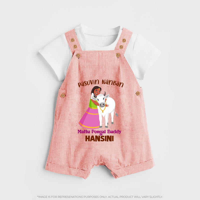 "Pasuvin Nanban - Celebrate the Spirit of Mattu Pongal with Customized Dungaree Set for Kids with Name" - PEACH - 0 - 5 Months Old (Chest 18")