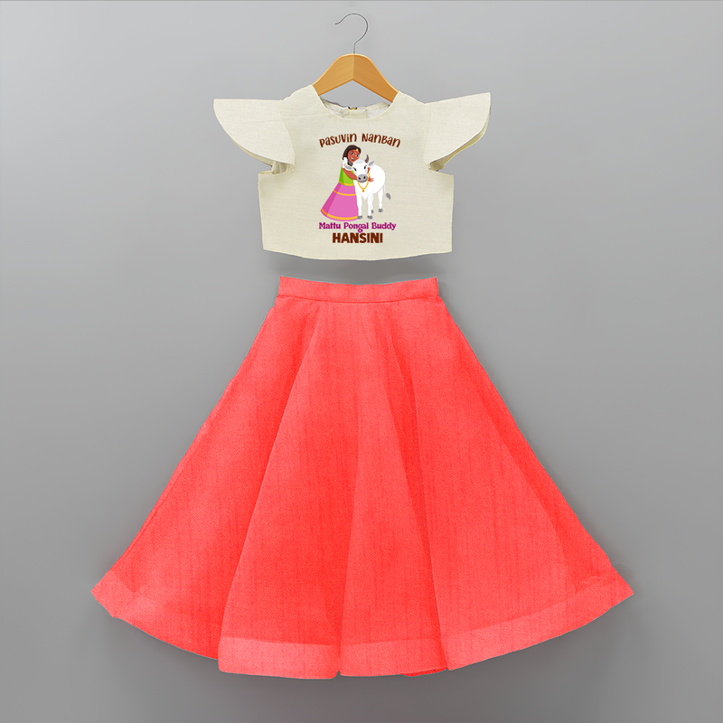 "Pasuvin Nanban - Celebrate the Spirit of Mattu Pongal with Customized Crop Top and Skirt for Girls with Name" - RED - 6 - 9 Months Old (Chest 20" , Frock Waist 20")