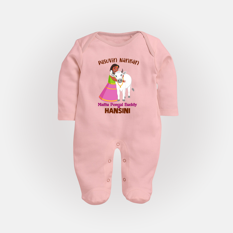 "Pasuvin Nanban - Celebrate the Spirit of Mattu Pongal with Customized Sleep Suit for Babies with Name" - BABY PINK - New Born (Chest 7.5")