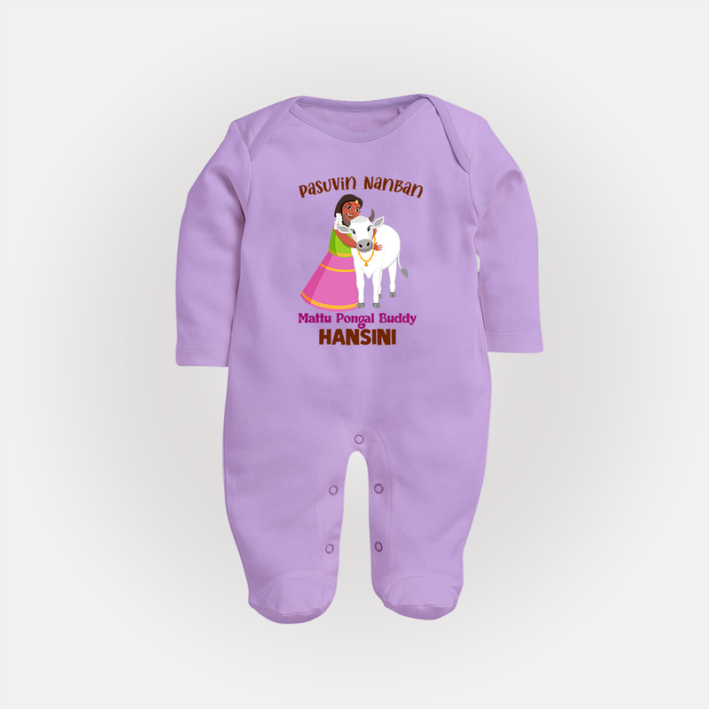 "Pasuvin Nanban - Celebrate the Spirit of Mattu Pongal with Customized Sleep Suit for Babies with Name" - LILAC - New Born (Chest 7.5")