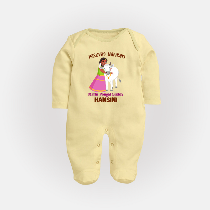 "Pasuvin Nanban - Celebrate the Spirit of Mattu Pongal with Customized Sleep Suit for Babies with Name" - PASTEL YELLOW - New Born (Chest 7.5")