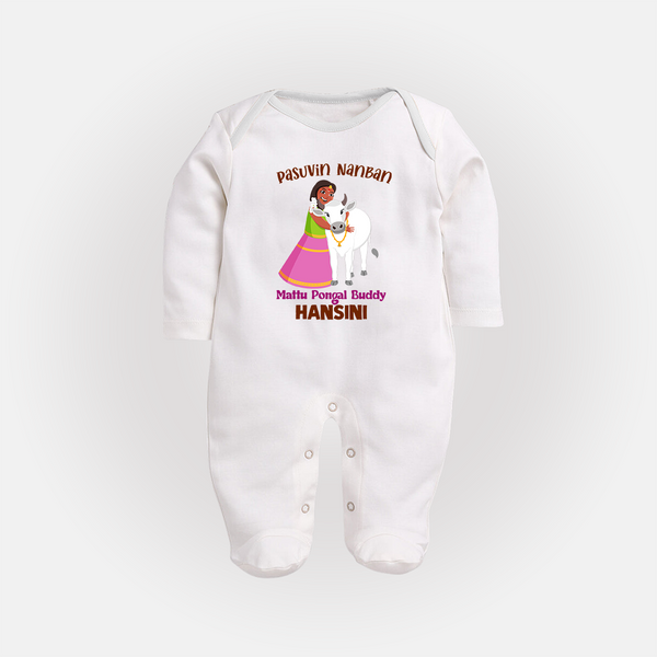 "Pasuvin Nanban - Celebrate the Spirit of Mattu Pongal with Customized Sleep Suit for Babies with Name" - WHITE - New Born (Chest 7.5")