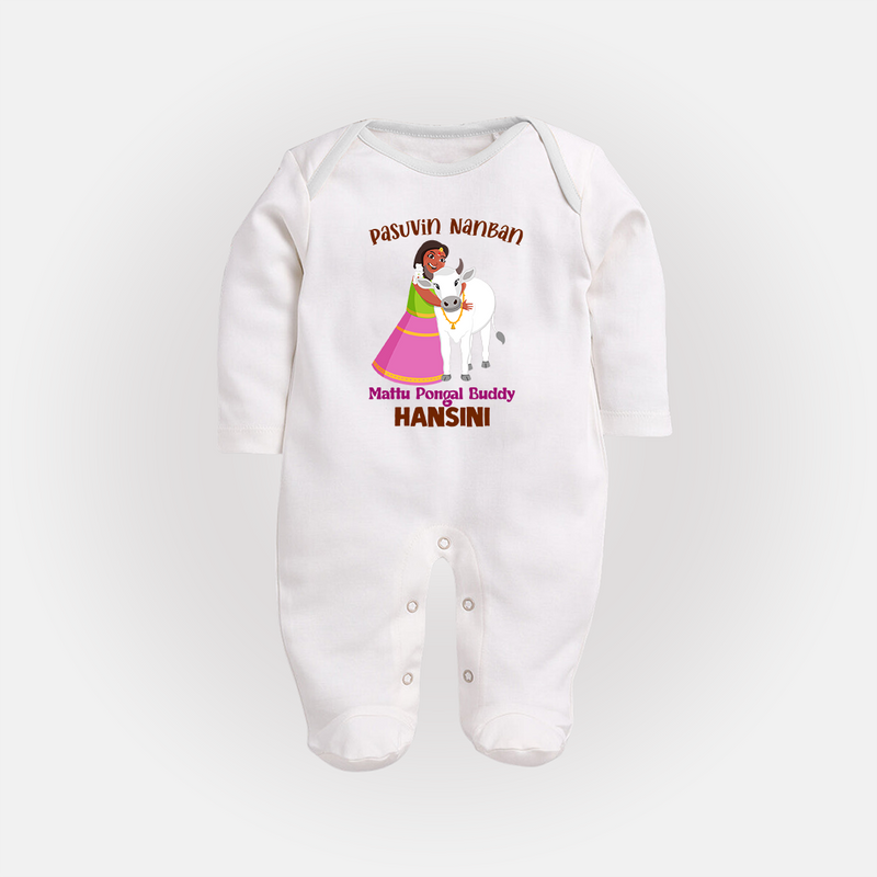 "Pasuvin Nanban - Celebrate the Spirit of Mattu Pongal with Customized Sleep Suit for Babies with Name" - WHITE - New Born (Chest 7.5")