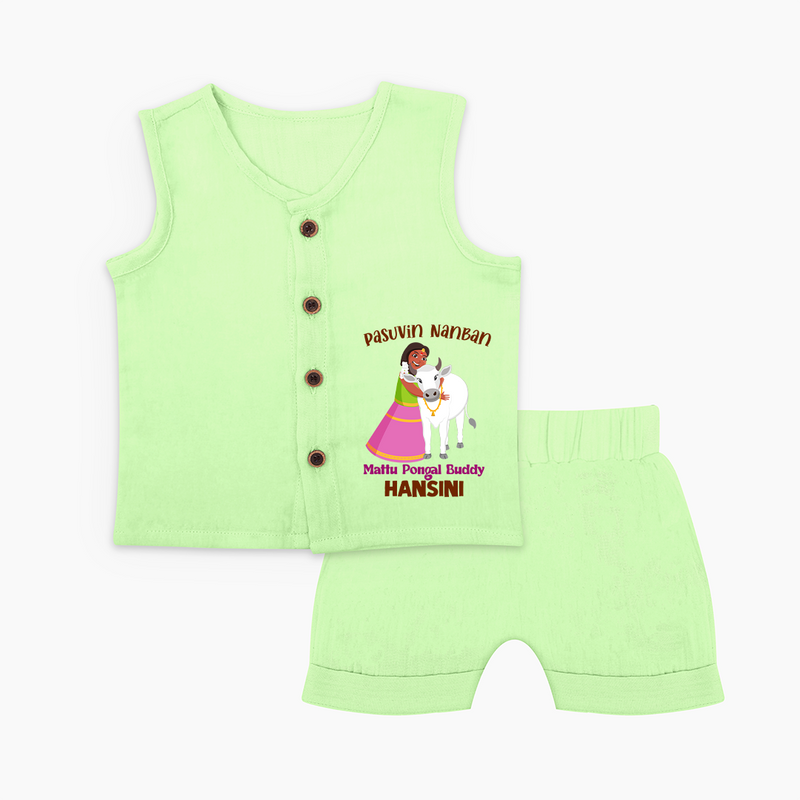 "Pasuvin Nanban - Celebrate the Spirit of Mattu Pongal with Customized Jabla Set For Babies With Name" - PASTEL GREEN - 0 - 3 Months Old (Chest 9.8")