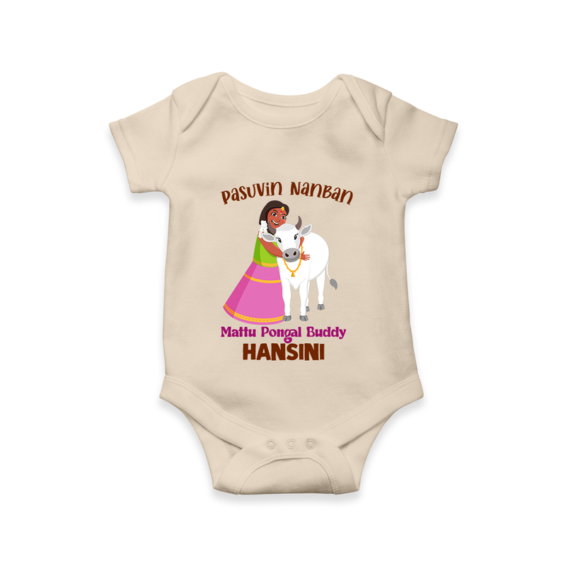 "Pasuvin Nanban - Celebrate the Spirit of Mattu Pongal with Customized Romper for Babies with Name" - IVORY - 0 - 3 Months Old (Chest 16")