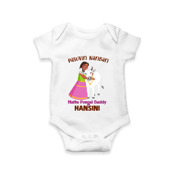 "Pasuvin Nanban - Celebrate the Spirit of Mattu Pongal with Customized Romper for Babies with Name" - WHITE - 0 - 3 Months Old (Chest 16")