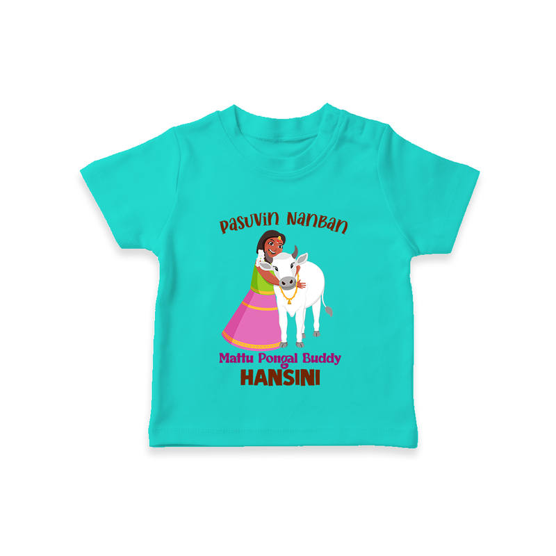 "Pasuvin Nanban - Celebrate the Spirit of Mattu Pongal with Customized T-shirt for Kids with Name" - TEAL - 0-5 Months Old (Chest 17")