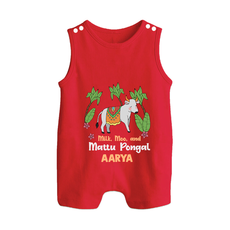 "Milk, Moo & Mattu Pongal - Imprinted Customized Romper Suit for Babies with Name" - RED - 0 - 5 Months Old (Chest 18")