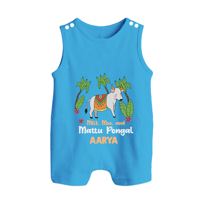 "Milk, Moo & Mattu Pongal - Imprinted Customized Romper Suit for Babies with Name" - ROYAL BLUE - 0 - 5 Months Old (Chest 18")