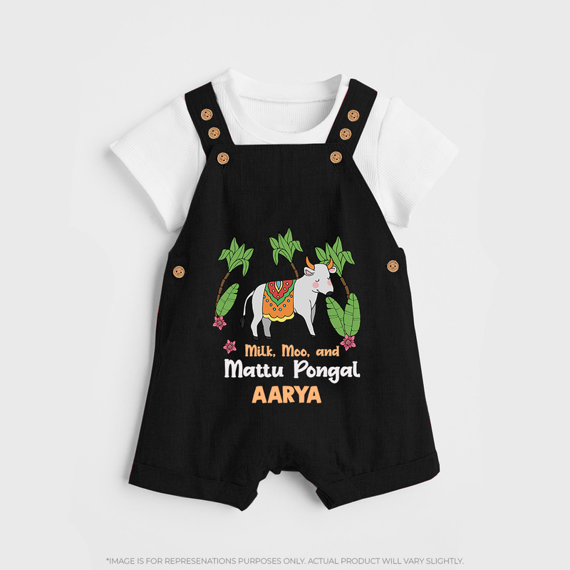 "Milk, Moo & Mattu Pongal - Imprinted Customized Dungaree Set for Kids with Name" - BLACK - 0 - 5 Months Old (Chest 18")