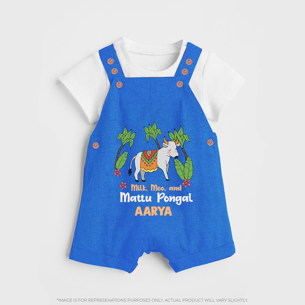 "Milk, Moo & Mattu Pongal - Imprinted Customized Dungaree Set for Kids with Name" - COBALT BLUE - 0 - 5 Months Old (Chest 18")