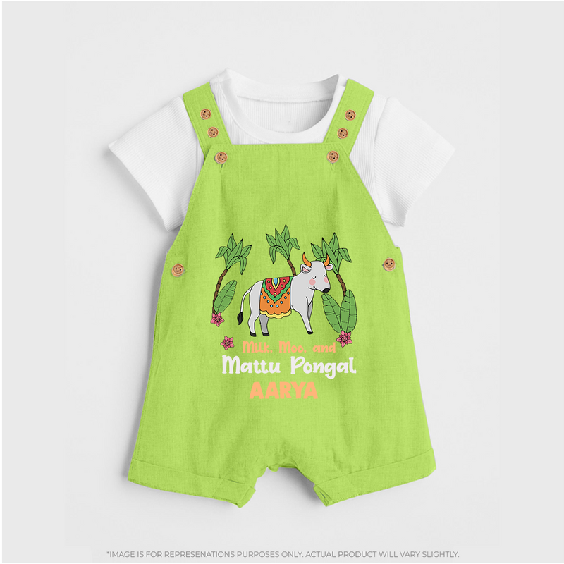 "Milk, Moo & Mattu Pongal - Imprinted Customized Dungaree Set for Kids with Name" - GREEN - 0 - 5 Months Old (Chest 18")