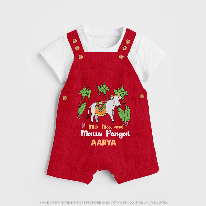 "Milk, Moo & Mattu Pongal - Imprinted Customized Dungaree Set for Kids with Name" - RED - 0 - 5 Months Old (Chest 18")