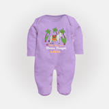 "Milk, Moo & Mattu Pongal - Imprinted Customized Sleep Suit for Babies with Name" - LILAC - New Born (Chest 7.5")