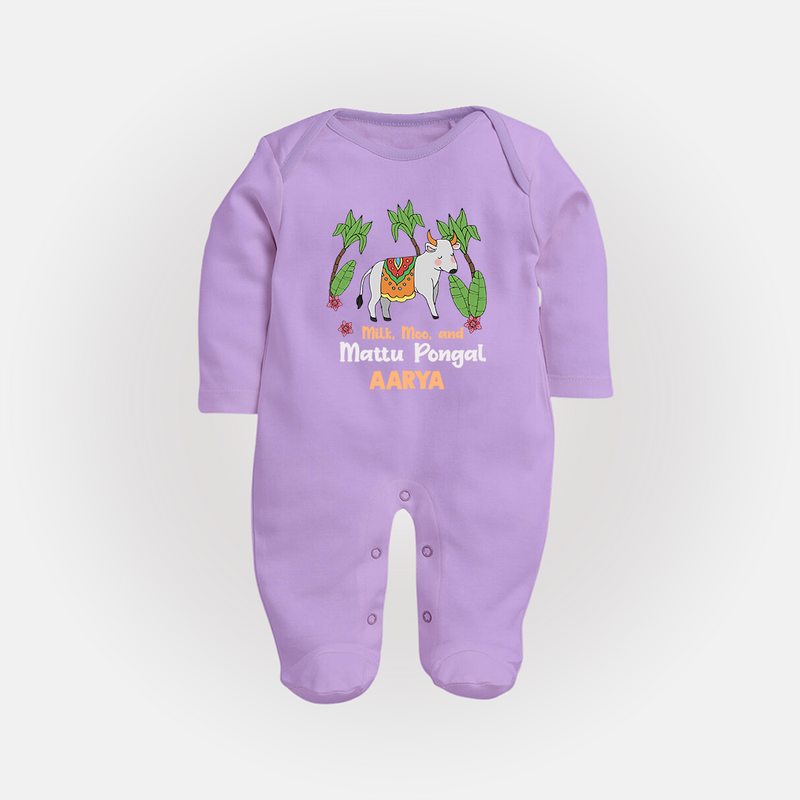 "Milk, Moo & Mattu Pongal - Imprinted Customized Sleep Suit for Babies with Name" - LILAC - New Born (Chest 7.5")