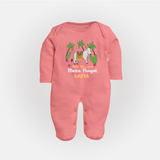 "Milk, Moo & Mattu Pongal - Imprinted Customized Sleep Suit for Babies with Name" - PEACH - New Born (Chest 7.5")