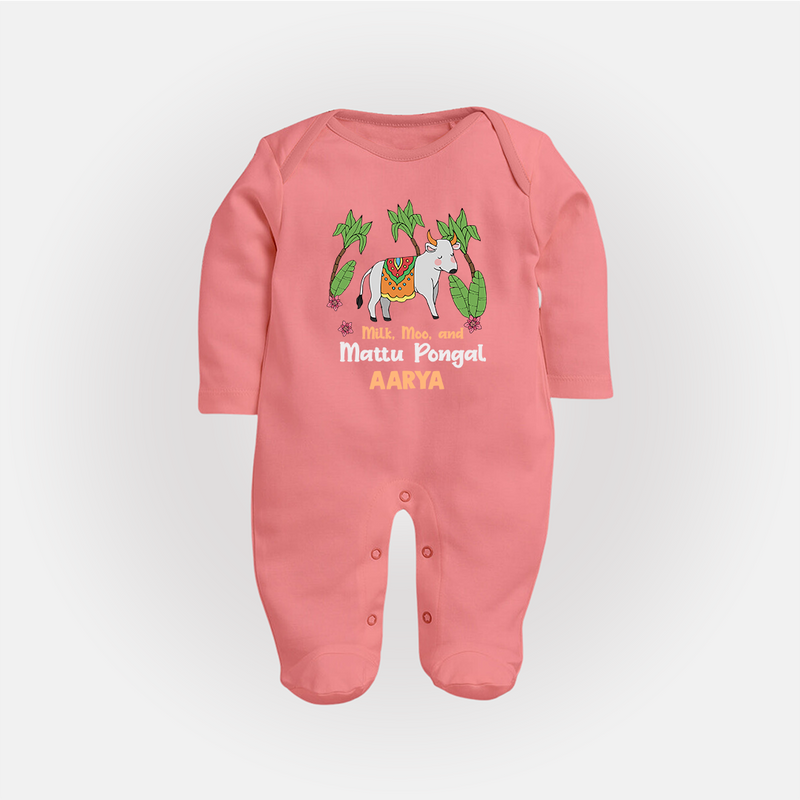 "Milk, Moo & Mattu Pongal - Imprinted Customized Sleep Suit for Babies with Name" - PEACH - New Born (Chest 7.5")