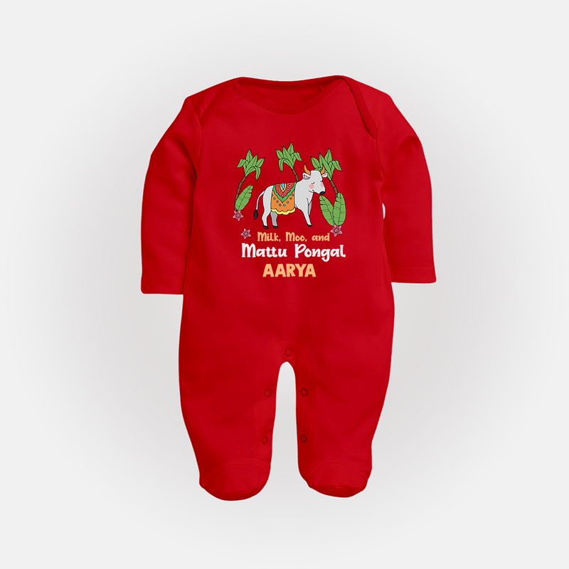 "Milk, Moo & Mattu Pongal - Imprinted Customized Sleep Suit for Babies with Name" - RED - New Born (Chest 7.5")