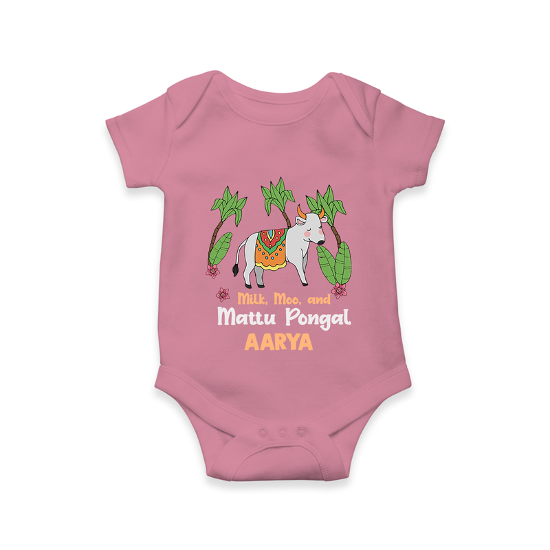 "Milk, Moo & Mattu Pongal - Imprinted Customized Romper for Babies with Name" - ONION - 0 - 3 Months Old (Chest 16")