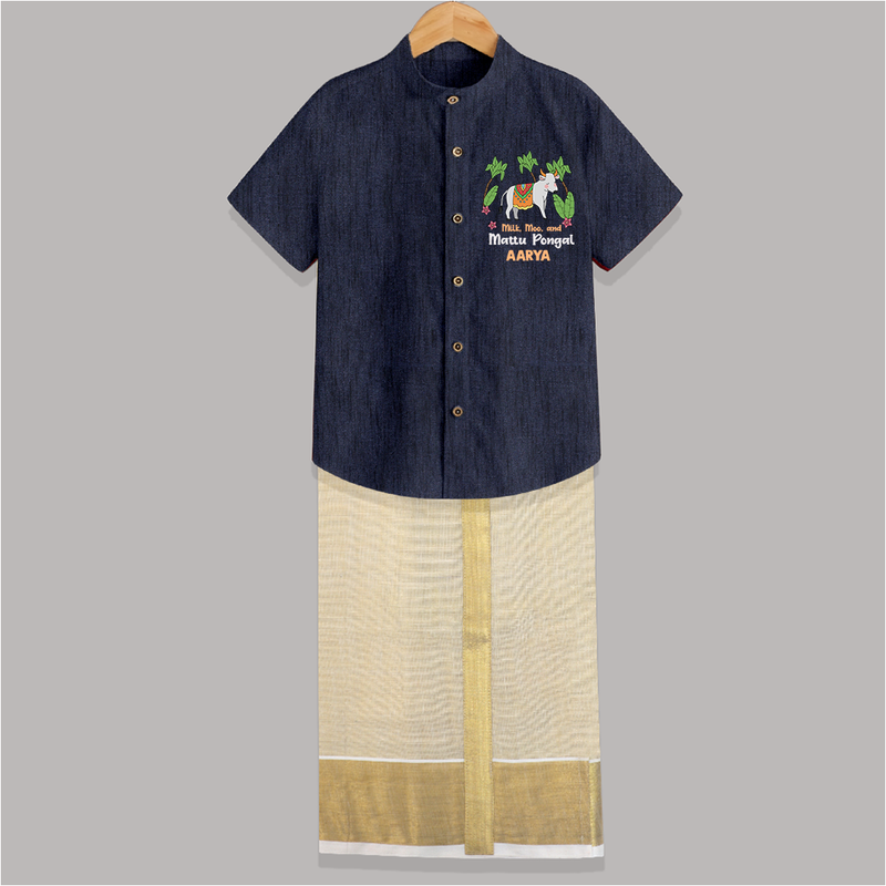 "Milk, Moo And Mattu Pongal Imprinted Customized Shirt and Dhoti for Boys with Name" - DARK BLUE - 0 - 6 Months Old (Chest-23") (Dhoti length-14")